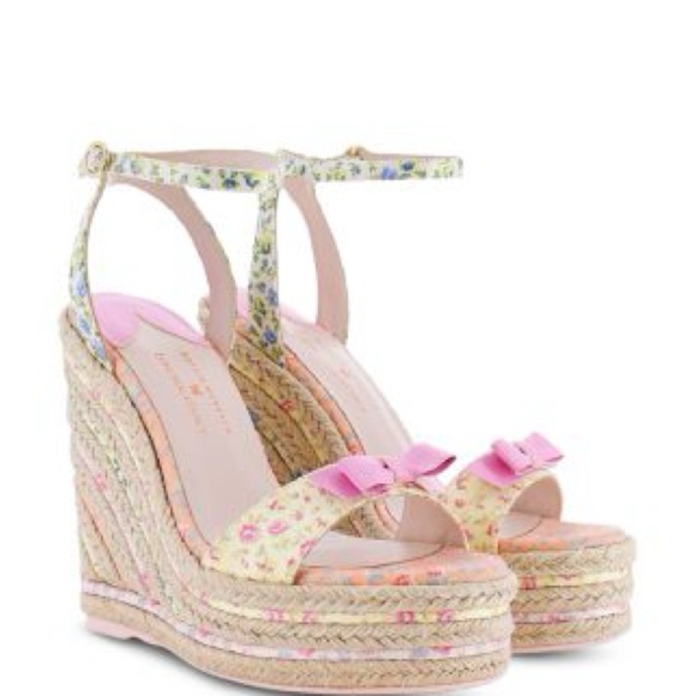 Pink and Cream Espadrille Wedge Sandals with Bow Detail